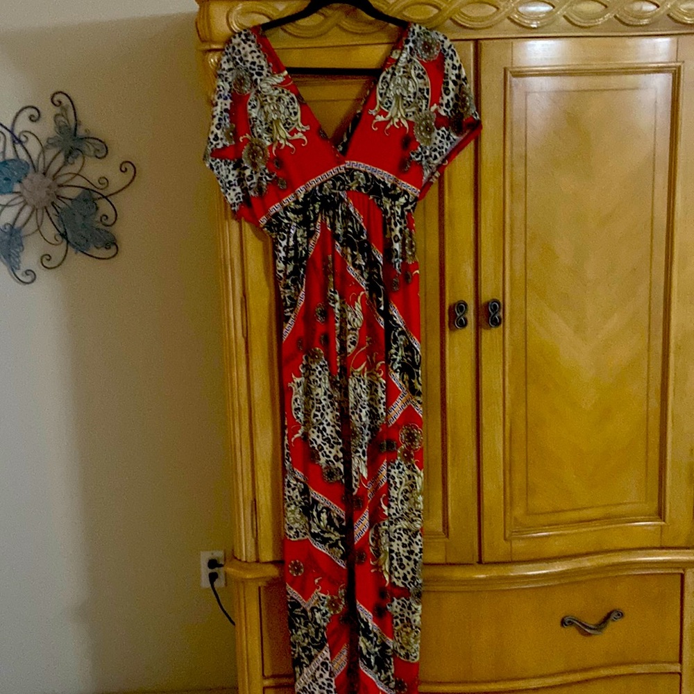 Red v neck maxi dress.